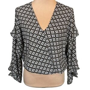 Max‎ Studio Floral Wrap Ruffle Sleeve V Neck Blouse Top Small